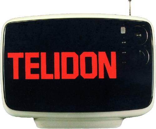 A vintage white television set with the word TELIDON in red text on a black screen.
