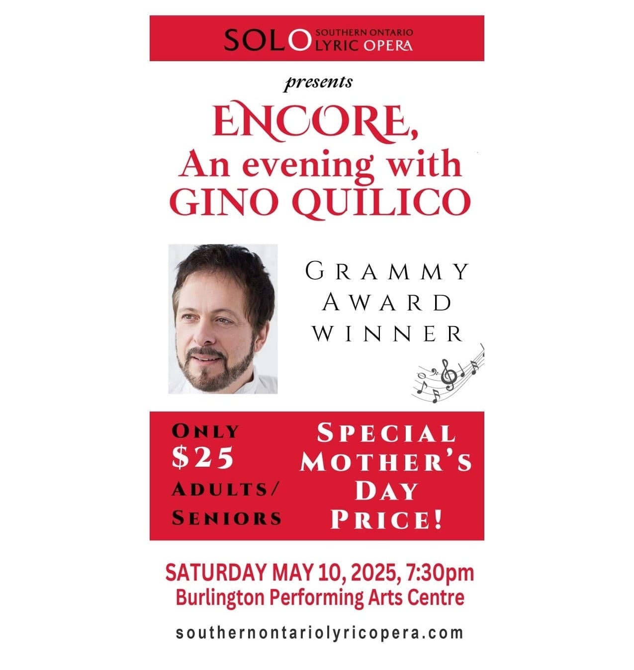 Poster for May 10 ENCORE performance featuring a portrait photograph of soloist Gino Quilico.