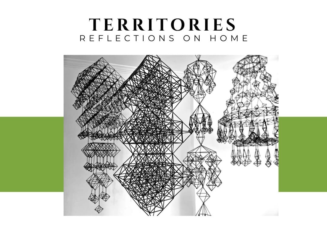 Poster for "Territories: Reflections on Home" featuring a green block and four black chandeliers.