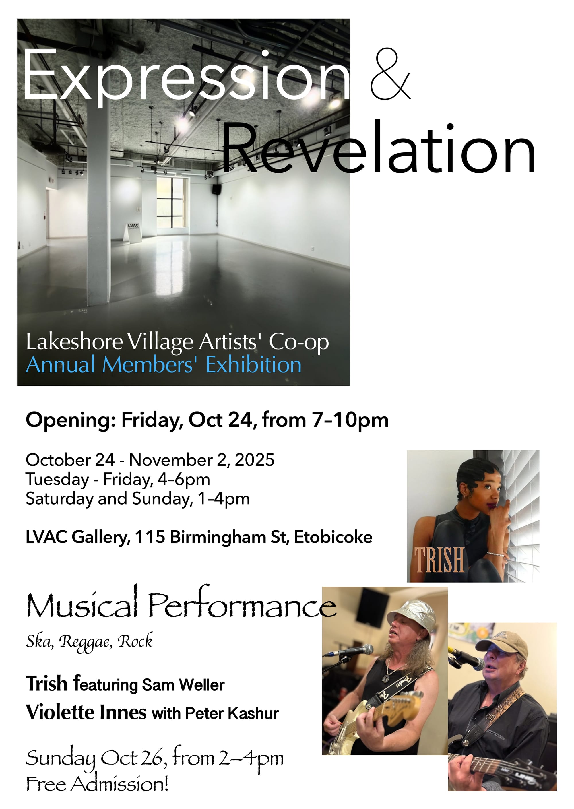 Event poster with photos of an art gallery, a female singer named "Trish" and two men with electric guitars. See post for text.