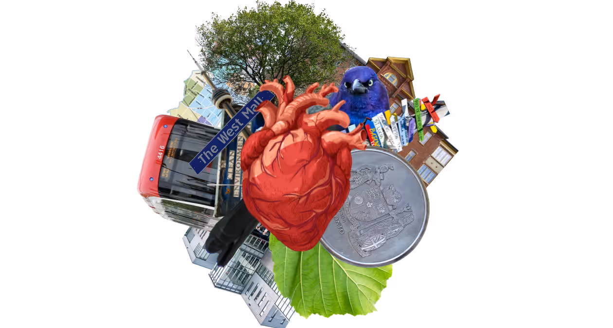 A collage of Etobicoke-themed images surround a large red heart.