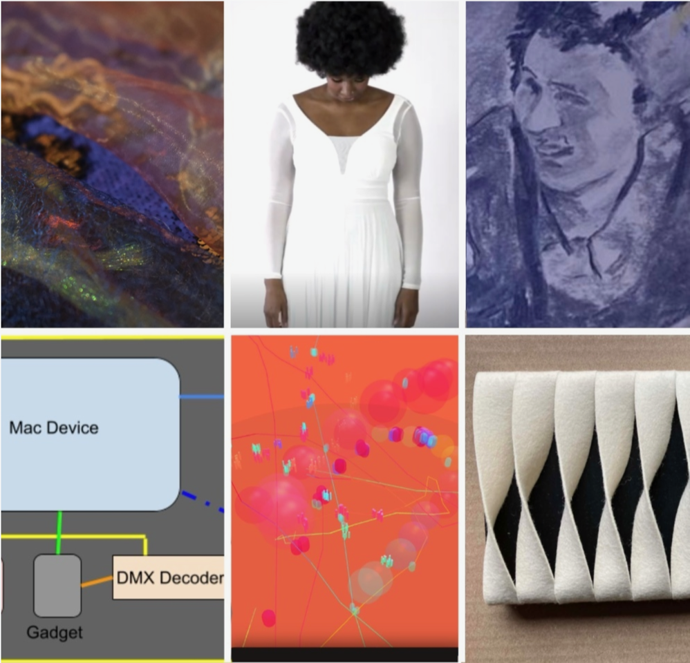 A grid of six images depicting details from each of the six artists’ works. Clockwise from top left: closeup of colourful fabric, a Black woman in a white dress standing, closeup of a drawing of a woman’s smiling face, depiction of computer coding, a colourful field of round shapes and lines, a row of twisted white felt on a black background.