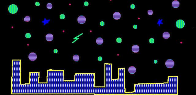 A psychedelic night sky over the silhouette of a city, created using the Telidon Art Generator.